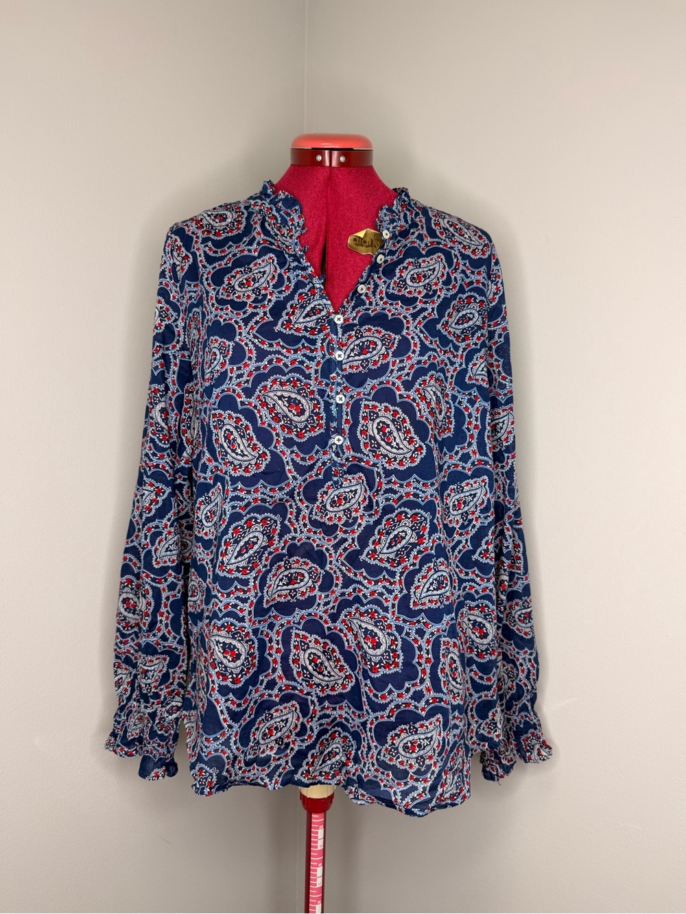 Talbots Navy Paisley Button-Front Blouse with Red & White Accents
